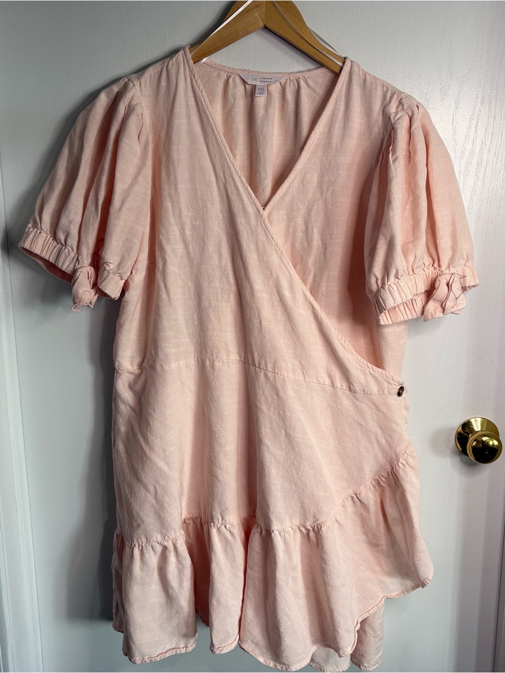 Striped 2X Puff Short Sleeve w/Bow Ruffle Wrap Dress Girlie Feminine Cottagecore